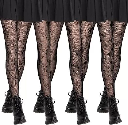 Zhanmai 4 Pair Heart Fishnet Tights for Women Lace Patterned Pantyhose