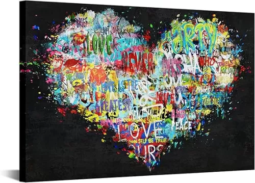 Zlove Large Abstract Love Heart Canvas Wall Art Colorful Pop Stree Style Heart Shape Romantic Artwork for Couple Bedroom Home Decor Ready to Hang 24x36inch (Black)