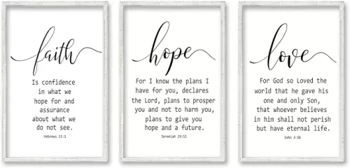 ZZJJHYWGQ Faith Hope and Love Bible Verses Wall Art Decor 24x16 Inch Set of 3 Wood Framed Sign Christian Quote Faith Scripture Family Religious Wall Hanging (White)
