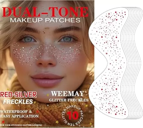 10 Pcs Red-Silver Dual-Tone Glitter Freckles, Double Colors Face Tattoo, Waterproof Face Sparkle, Long-Lasting 48h Special for Christmas