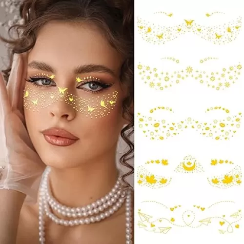 10 Sheets Gold Glitter Freckles Face Tattoo Stickers Sparkle Butterfly Heart Maple Leaf Snowflake Star Eyeliner Waterproof Temporary Tattoos Accessories for Christmas Valnetine