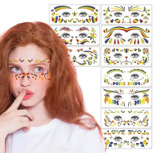 10 Sheets Rainbow Face Temporary Tattoos, Gay Pride LGBT Freckle Rainbow Eye Tattoos, Butterfly Heart Tattoos for Pride Festivals Parades