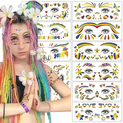 10 Sheets Rainbow Face Temporary Tattoos Stickers Gay Pride Freckle Stripes Butterfly Heart Star Pattern Rainbow Eye Makeup Stickers for LGBT Pride Parades Party Parade Decoration Supplies