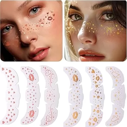 10 Sheets Valentine's Day Face Tattoo Sticker Pink Gold Heart Freckle Face Sticker Glitter Tattoos Pink Heart Kiss Lip Flower Satr Waterproof Tattoos for Girls Women Festival Makeup Accessories