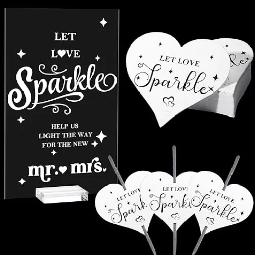 100 Pcs Wedding Sparkler Tags Heart Shape Cards and Acrylic Send Off Sign Clear Table Signs with Base for Ceremony Party Display Decor, No Sparkler