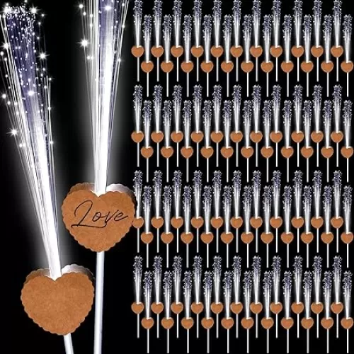 100 Pcs Wedding Sparklers Heart Shaped LED Glow Sticks Fiber Optic Wands Light up Wand with 3 Light Mode for Wedding Bridal Shower Birthday Glow in the Dark Party Supplies (Brown)