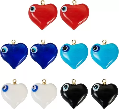 10Pcs Evil Eye Glass Charm Heart Lampwork Pendants with Evil Eye 5 Colors 19mm for DIY Craft Earrings Necklace Bracelet Jewelry Making Decoration