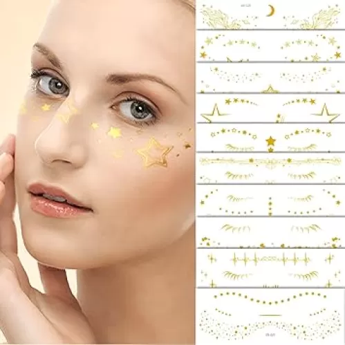 10Pcs Gold Glitter Star Freckles Tattoo Sticker, Faux Freckle Patches Waterproof Temporary Tattoos Heart Design, Gold Glitter Freckles Face Tattoo, Cute Glitter Makeup Accessories for Women Girls