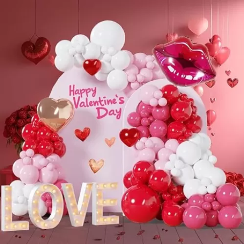 139PCS Valentine's Day Balloon Arch Garland Kit - Red Pink White Balloons with Heart-shaped and Red Lip Balloons for Valentine Decorations, Bachelorette & Bridal Shower, Anniversary Decor