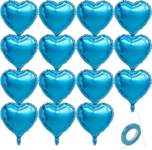 15 PCS Blue Heart Balloons, 18 Inch Heart Shaped Balloons Foil with Ribbon, Heart Foil Balloon for Baby Shower, Birthday, Party, Valentines Day Decorations