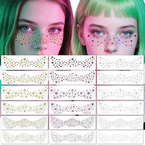 18-Sheet Freckle Face Tattoos - Glitter Temporary Tattoos - Heart, Star & Snowflake Designs in Gold/Silver/Rose - Festival Face Stickers for Women & Girls