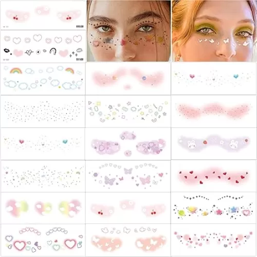 19 Sheets Face Temporary Tattoos for Girl Women, Cute Freckle Butterfly Heart Flower Makeup Fake Tattoo Stickers Waterproof for Kids Girls Party Birthday Favors Supplies Gifts Art Props