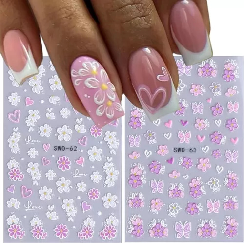 2 Sheets Spring Flower Nail Art Stickers Decals 5D Embossed Nail Decals Self-Adhesive Daisy Butterfly Heart Nail Design Summer Cherry Blossoms Nail Supplies Accessories for Women Girls Nail Decoration