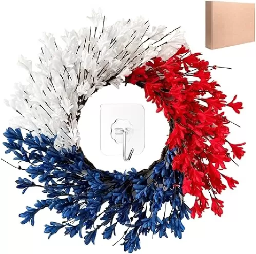 20” 4th of July Wreath for Front Door, Handmade Patriotic Red White Blue Fourth of July Wreath Decorations for Wall Window Porch Indoor Outdoor Home Office Independence Day Memorial Day Decor