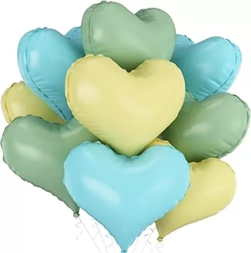 20 Inch Yellow Blue Green Heart Balloons 9 Pcs Large Pastel Yellow Teal Sage Green Heart Shaped Foil Mylar Balloon for Oh Baby Shower Wedding Birthday Wild One Anniversary Party Deocrations