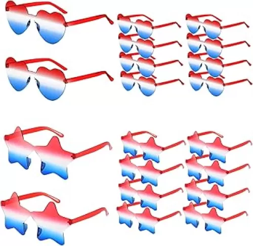 20PCS 4th of July Accessories Red White and Blue Sunglasses Including 10 Star Glasses & 10 Heart Glasses, American Patriotic Party Favors, Independence Day Holiday Gifts for Friends & Family