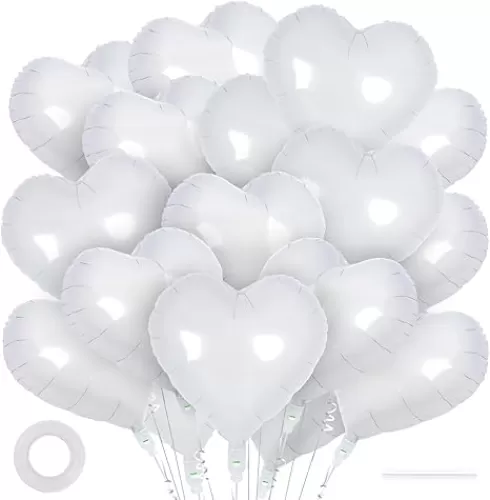 24 White Heart Balloons, 18 inch Heart Shape Foil Balloons for Love, Valentine, Birthday, Wedding, Engagement, Baby Shower & Valentine Day Decorations