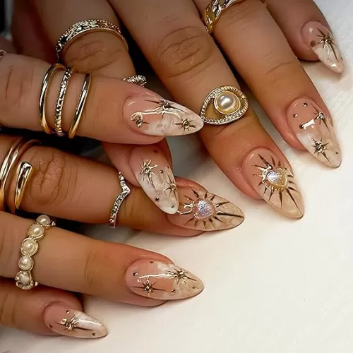 24Pcs Gold Chrome Press on Nails Medium Almond Fake Nails Silver Rhinestones French Tip Glue on Nails Glossy Artificial Nails Heart Charms Acrylic Nails Star Full Cover Ombre Stick on Nails for Women