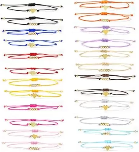 24Pcs Gold Heart Beaded Charm Colorful String Bracelets Set for Women, Adjustable Dainty Red Rope Matching Couples Thread Jewelry Friendship Summer Gift Bulk