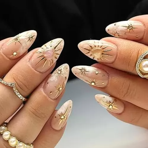 24Pcs Gold Star Press on Nails Heart Fake Nails with Rhinestones Design Glue on Nails Glossy Acrylic False Nails Spring Summer Medium Almond Stick on Nails for Coquette Women Girls
