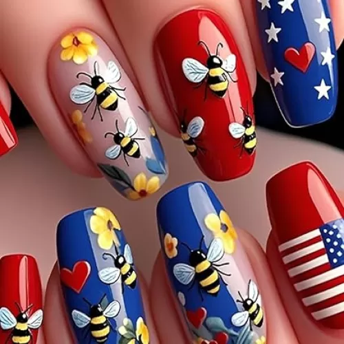 24Pcs Independence Day Press on Nails Medium Coffin Fake Nails Blue Red Heart Patriotic False Nails Cute Bee Summer Acrylic Nails Full Cover Glue on Nails for Women 4th of July