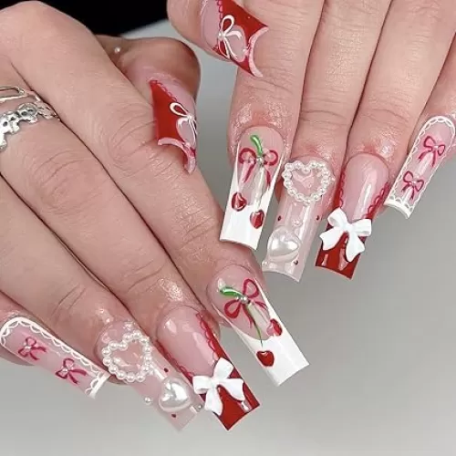 24Pcs Long Square Press on Nails Red French Tip Fake Nails Heart Bow Charm Acrylic Nails Summer Cherry False Nails Glossy Full Cover Cute Stick on Nails Pearl Artificial Glue on Nails for Women Decor