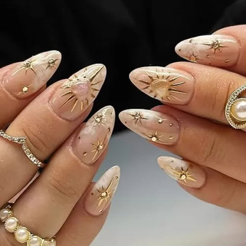24Pcs Press on Nails Almond French Tip Fake Nails Medium False Nails with 3D Gold Star Rhinestones Heart Designs Stick on Nails Gold Stars Glue on Nails Summer Glossy Nude Artificial Nails for Women
