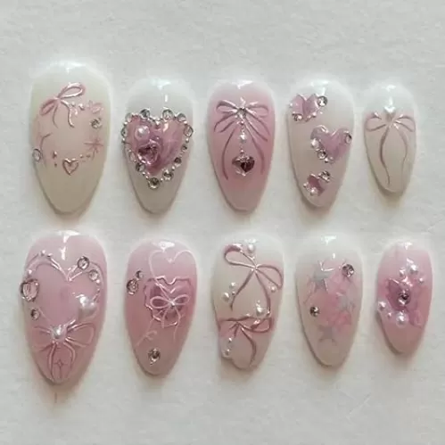 24Pcs Valentine's Press on Nails Medium Almond Fake Nails with Bow Heart Pink Rhinestones Designs Acrylic Nails Full Cover Holiday Stick on Nails Pearl Heart False Nails Glue on Nails for Women