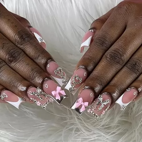 24Pcs White French Tip Press on Nails Medium Square Fake Nails with 3D Heart Bow Rhinestones Designs Metal Butterfly Acrylic Nails Spring Summer False Nails Silver French Stick on Nails for Women