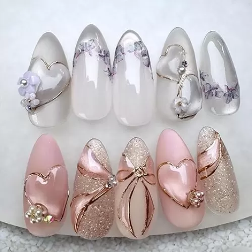 24pcs White Pink Glitter Fake Nails With Pearls Summer 3D Flower Press on Nails Medium Almond Hot Stamping Bow Heart-Shaped Artificial Fingernails for Women French Manicure Supplies
