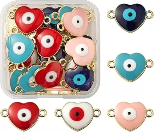 25 Pcs Evil Eye Heart Charm Connector Enamel Evil Eye Pendant Light Gold Alloy Links Connectors for Jewelry Necklace Bracelet Earring Making