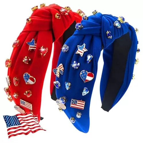 2Pcs 4th of July Headband for Women, Rhinestone Knotted Design with USA Flag Heart Hair Hoop, Patriotic Independence Day Memorial Day Wide Hair Accessory with Jeweled Crystal (Red&Blue)