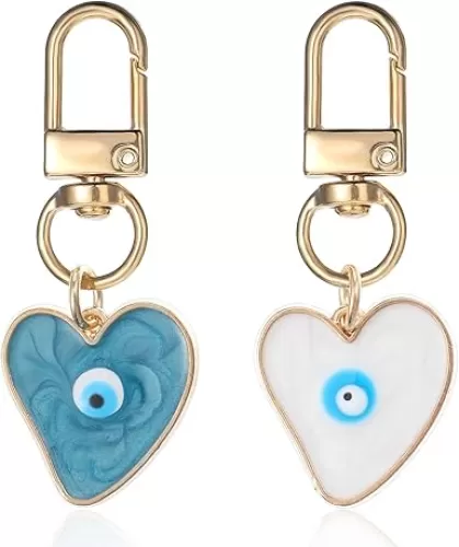 2Pcs Colorful Evil Eye Keychain for Women, Heart Shape Good Luck Car Key Chain Charms for Purse Decorations