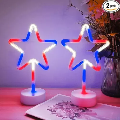 2PK Red White and Blue Star Neon Lights Outdoor/Indoor, American Star Neon Sign Outside Battery Operated or USB Powered Waterproof LED Neon Light for 4th of July Independence Day Decoration Room Décor