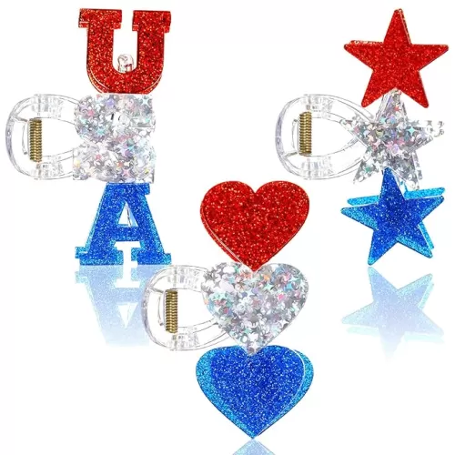 3 Pcs 4th of July Hair Accessories Patriotic Hair Claw Clips Red White and Blue Claw Clip American Star Heart USA Accessories for Independence Party Favor Gift