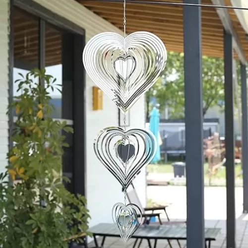 3 Silver Heart Wind Spinners - Hanging Wind Spinners Outdoor for Garden, Yard Decor