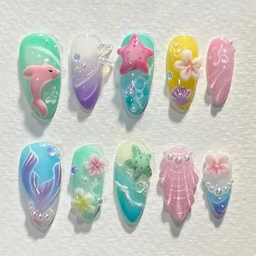 30 Pcs Handmade Press on Nails Short Almond Nail Tips, YEFIUO Summer Fake Nails Press ons Glue on Nails Acrylic Nail Art Kit Full Cover Reusable False Nails with Dolphin Flowers Heart Design for Ma'am