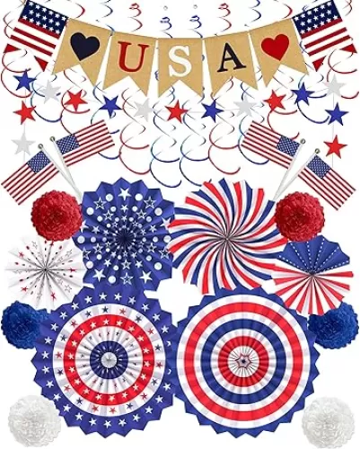 30 Pcs Patriotic Decorations for Veterans Day, 4th of July Decor LOVE USA Banner American Flag, Red White Blue Paper Fans Pompoms Labor Memorial Day Decor for Indoor Outdoor Outside