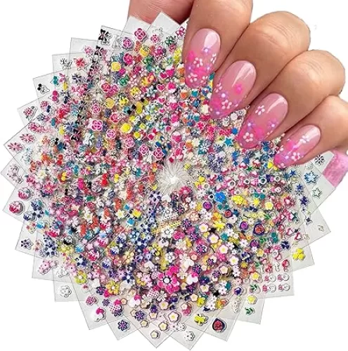 30 Sheets Flower Nail Art Stickers 3D Self-Adhesive Nail Decals Colorful Floral Designs Cute Heart Star Nail Decoration Spring Summer DIY Nail Decorations for Women Manicure Tip