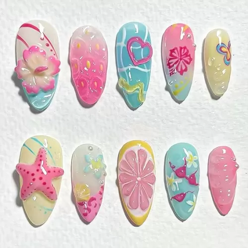 30Pcs 3D Flower Press on Nails Medium Almond Fake Nails with Hawaii Fruit Starfish Heart Design Beach False Nails Full Cover Artificial Glue on Nails Summer Handmade Stick on Nails for Women Manicure