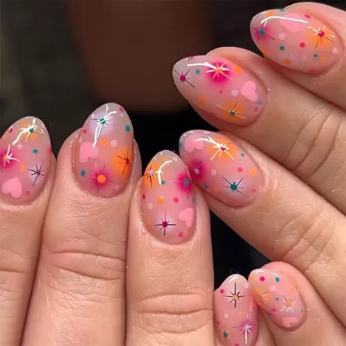 30Pcs Short Press on Nails Cute Almond Fake Nails Pink Peach Color Acrylic False Nails with Heart Designs Starry Summer Glue on Nails Reusable Glossy Stick on Nails for Women DIY Manicure Art