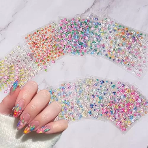 30Sheets Flower Nail Stickers 3D Self-Adhesive Colorful Flowers Cherry Blossoms Rose Daisy Nail Art Stickers Spring Summer Flower Nail Design Supplies DIY Heart Floral Bow Nail Decoration Charms Tips