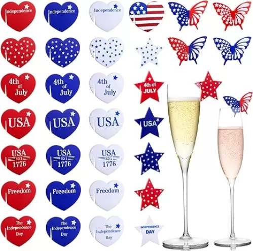 32 Pcs 4th of July Wine Glass Charms Acrylic Heart Star Butterfly Patriotic Drink Markers USA Independence Day Drink Tags, Memorial Day Red White Blue Glass Identifiers (0.08" Opening) for Bar Cocktail Party Champagne Flutes Glasses Stemless Glasses