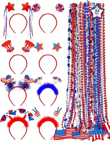 32PCS Fourth of July Accessories 4th of July Headband and Bead Necklace, Felt Patriotic Head Boppers, Independence Day Parade, USA Necklaces, Celebration Decoration, Red White and Blue Headband