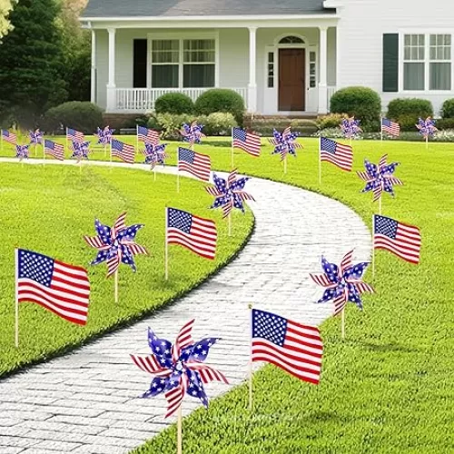 36 Pcs 4th of July Decorations USA Flags Pinwheels Red White and Blue Outdoor Patriotic Decorations for Yard and Garden Classroom, Parade