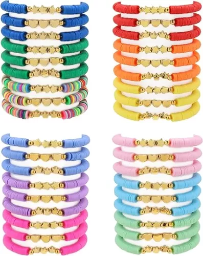 36 Pcs Preppy Friendship Bracelets for Teen Girls Heishi Cute Clay Beads Bracelets Bulk Colorful Heart Star Crown Friendship Surfer Bracelets Things Jewelry Gifts for Girls