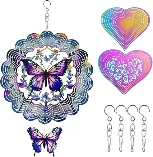 3D Butterfly Wind Spinners Outdoor Decor - 12 Inch Hanging Wind Sculptures for Garden, Patio, Yard | Reflective & Colorful | Includes 2 Heart Wind Spinners + 2 Shining Pinwheels