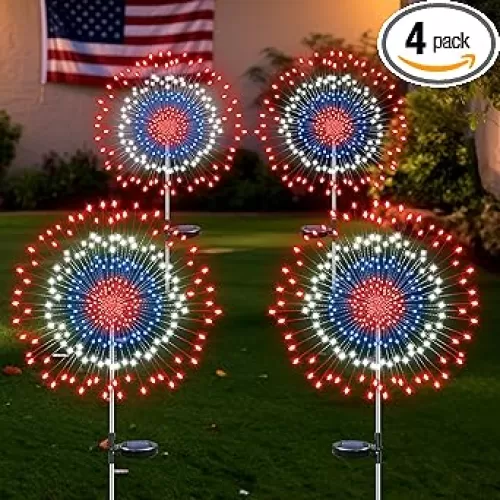 4 Pack 4th of July Decorations Firework Solar Lights Outdoor, 8 Modes & Timer Red White and Blue Patriotic Lights with 180 LED Waterproof for Garden Yard Patio Pathway Lawn Fourth of July Decorations