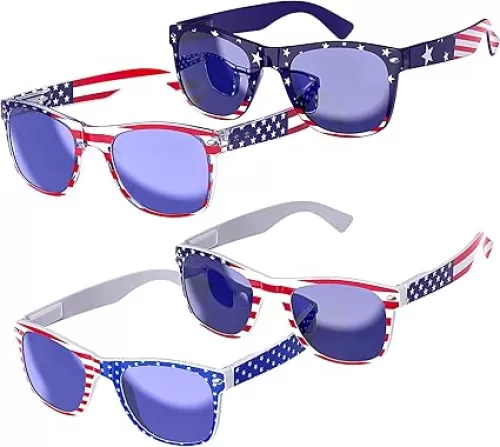 4 Pairs Bulk American Flag Sunglasses, 4th of July Accessories Red White and Blue USA Sunglasses, Classic Patriotic Party Favors Independence Day Veterans Day Decorations for Women Men Kids