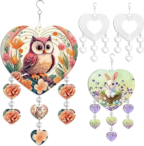 4Pack 8inch Sublimation Wind Spinner Blanks 3D Aluminum Metal Wind Sculpture Kinetic Spinners for Yard and Garden Indoor Art Ornaments Hanging Decoration (Heart Pendant)